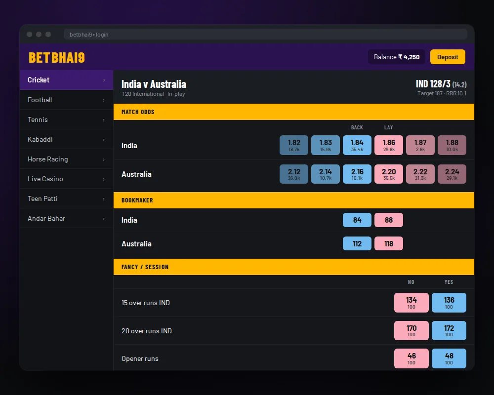 Betbhai9 exchange match odds and bookmaker market screen